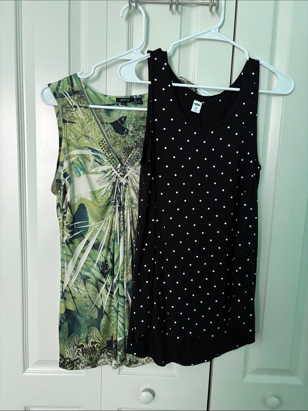 Old Navy Black Tank Top with White Polka Dot. Apt 9 Green and Beige Top. Both M